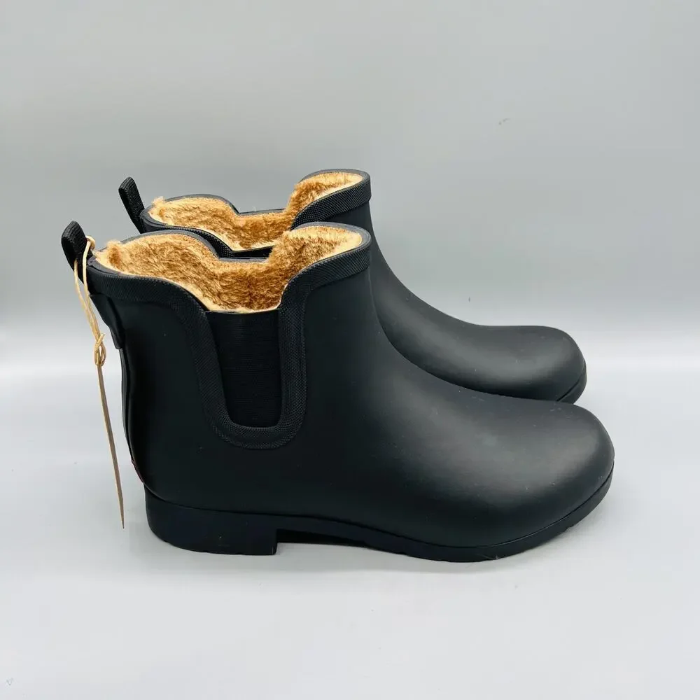 Chooka Boots Womens 10 Black Rubber Ankle Faux Fur Lined Rain Booties Shoes